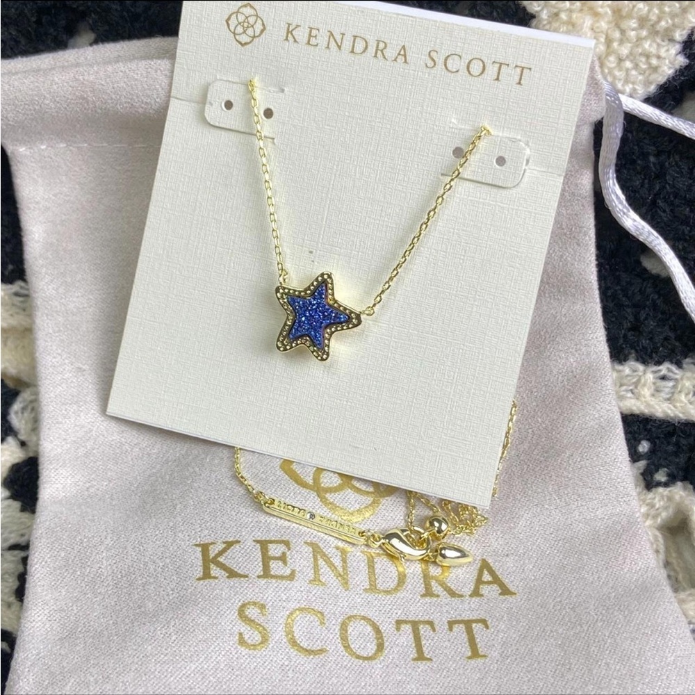 NWT Kendra Scott Jae Star Blue Drusy Pendant Necklace Gold Tone